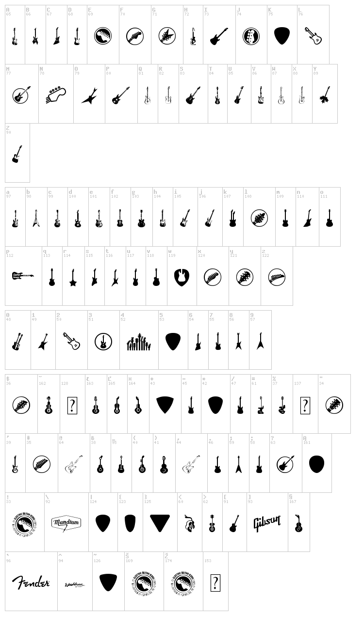 Electric Guitar Icons font map